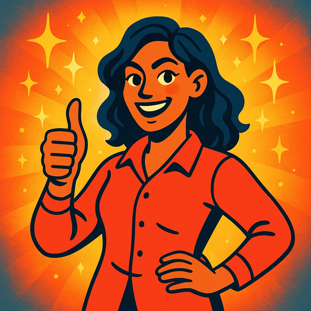 confident woman giving thumbs up surrounded by sparkles or light, representing empowerment and encouragement, vibrant cartoon-like style, Mutmacherin emoji