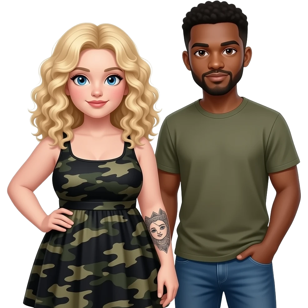 Plus size girl, Blonde curly hair, blue eyes, black tattoos on right lower arm, wearing no sleeve black camo summer dress & African American man with black hair, brown eyes, NO facial hair best friends emoji