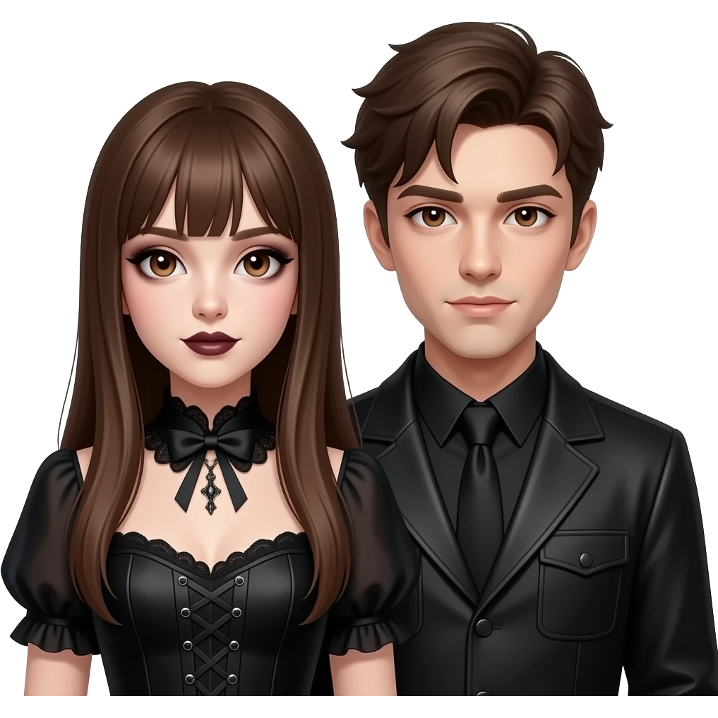 realistic pretty pale skin long straight brown hair girl brown eyes long face wearing gothic dress and gothic makeup HD and her boyfriend emoji