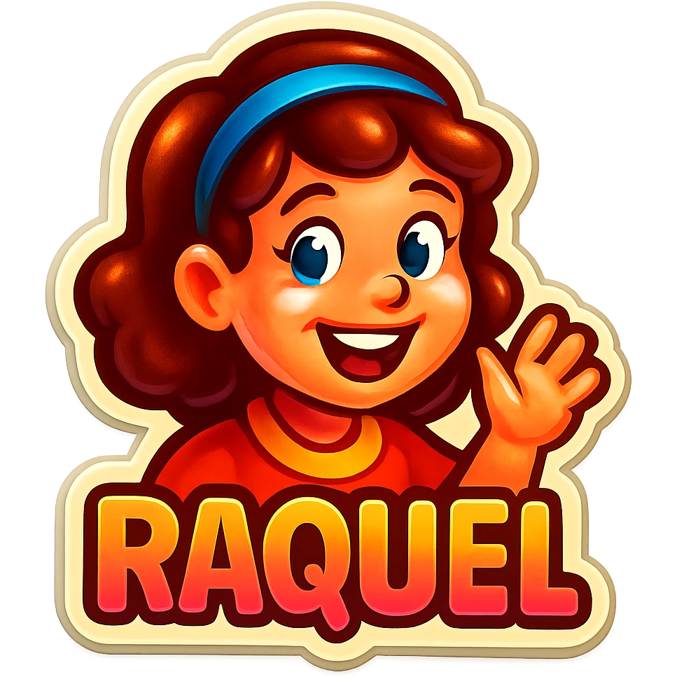 Personagem chamado Raquel, visual alegre, traços marcantes, cores vivas, expressão simpática, fundo simples emoji