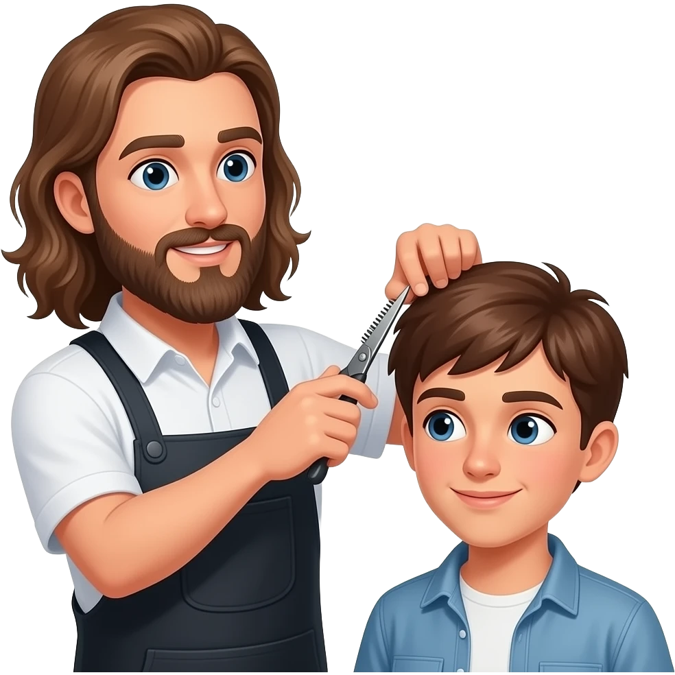 A barber with long hair and a beard is cutting the hair of a brown-haired teenager while they talk. emoji