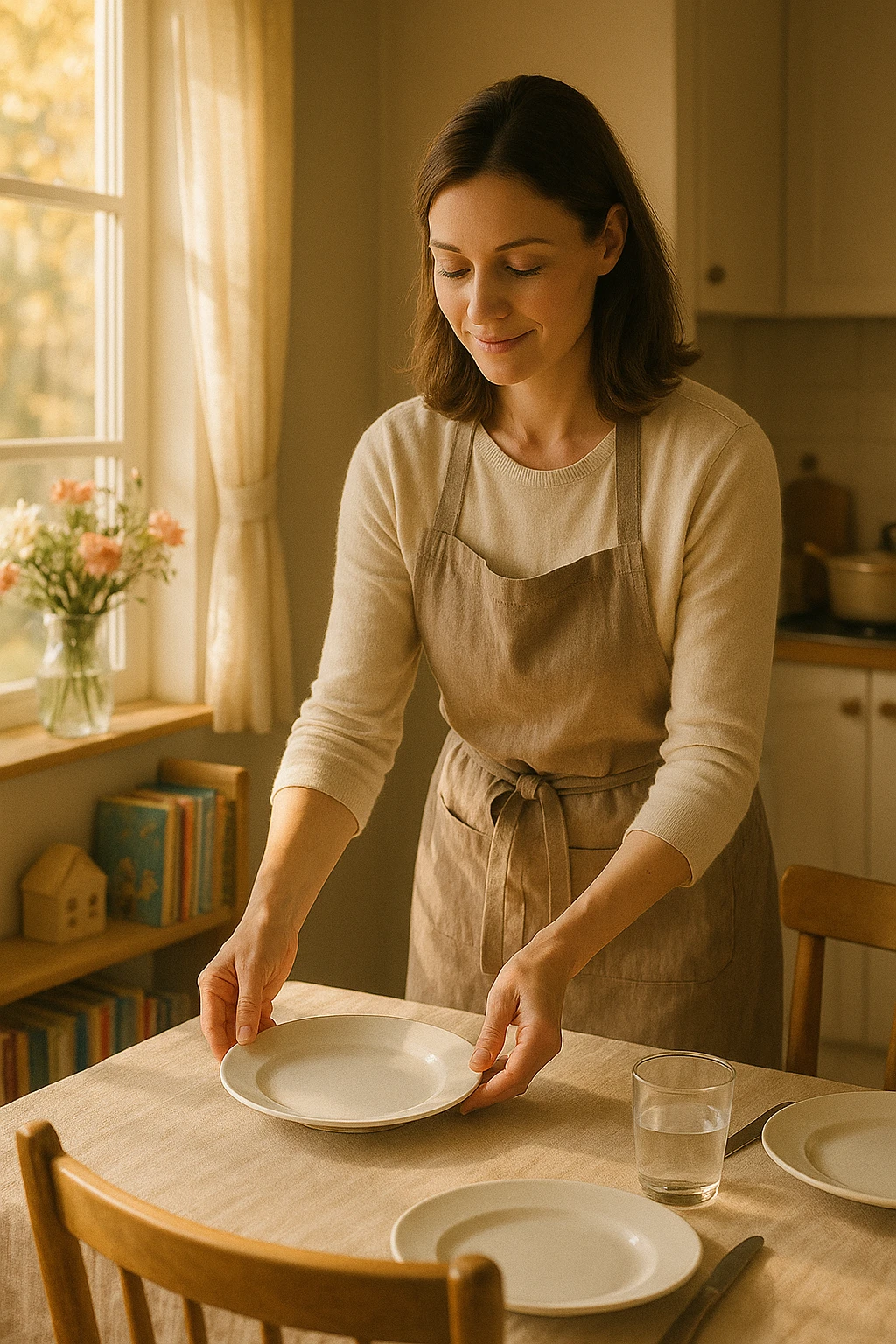 "Donna tra i 30 e i 40 anni, all’interno della sua casa luminosa, mentre prepara la tavola o accudisce i figli con un’espressione dolce e serena. Indossa abiti semplici e curati, simbolo di cura e presenza. Sullo sfondo si vedono dettagli di una casa armoniosa: fiori freschi, libri per bambini, un pranzo in preparazione. La scena trasmette calore, dedizione e stabilità familiare. Elementi visivi di supporto: luce solare che entra dalla finestra, atmosfera calda e rassicurante. Stile realistico con toni caldi e tenui emoji