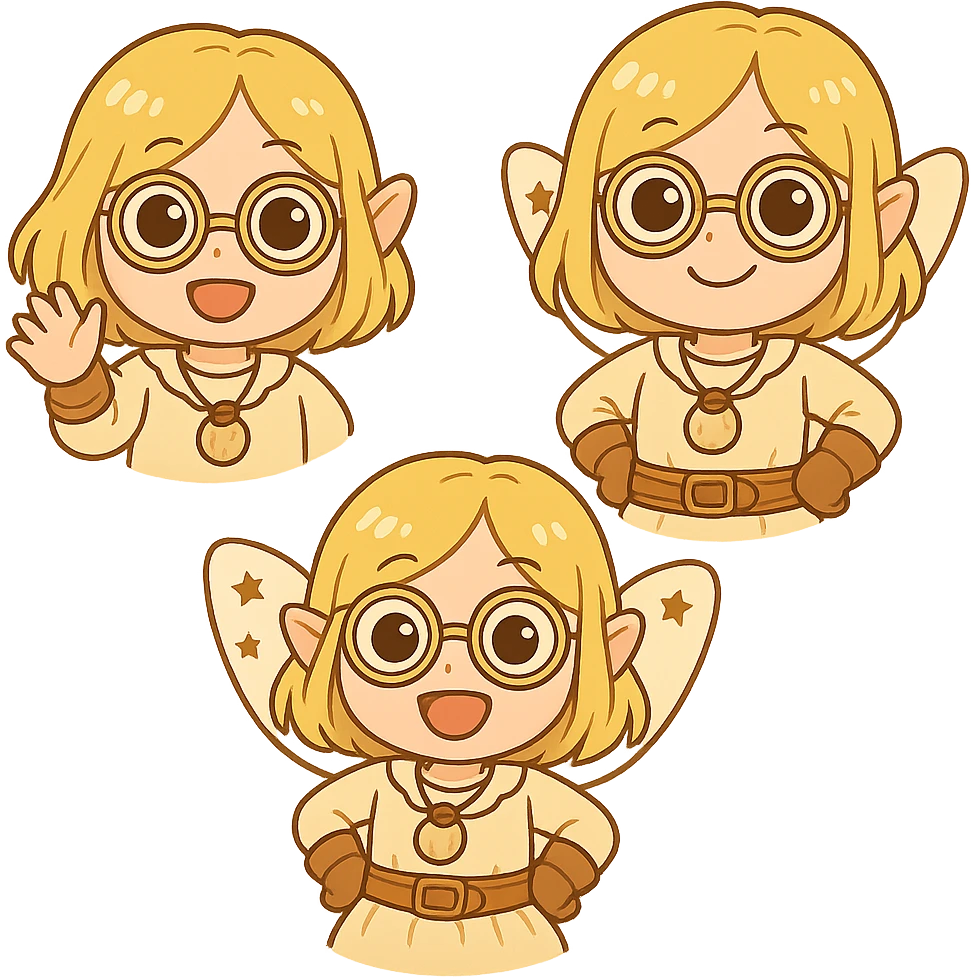 Create three new emojis of this fairy character in different poses: 1) waving, 2) hands on hips, 3) jumping with excitement. Keep the same cute chibi sticker style and outfit as the reference image. emoji