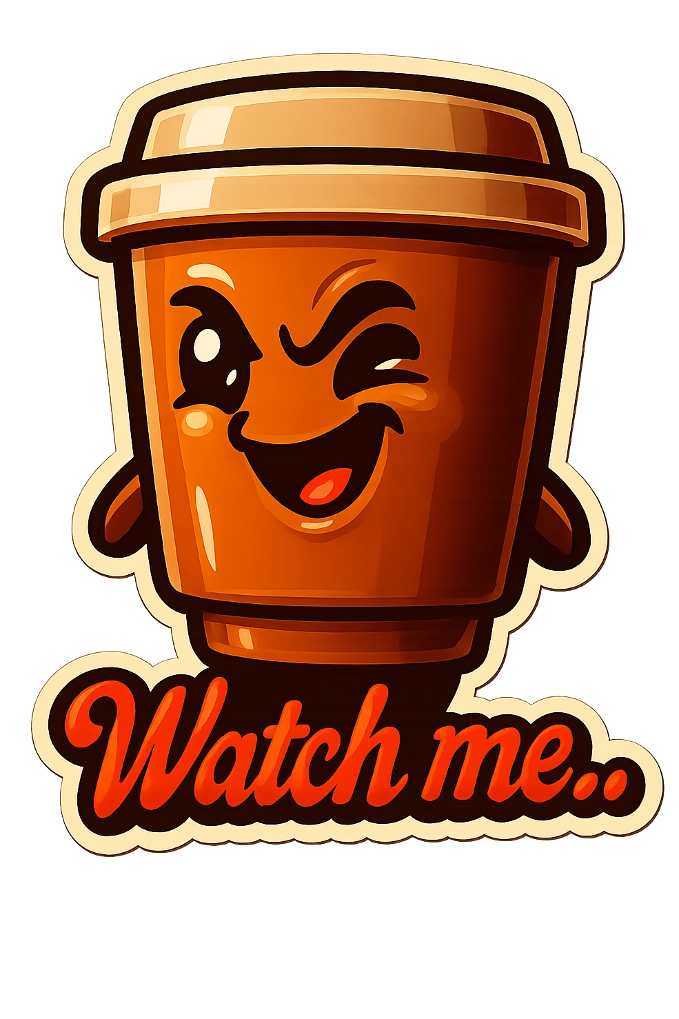 Tall coffee cup, giggling, mischievous eyes, "Watch me..." emoji