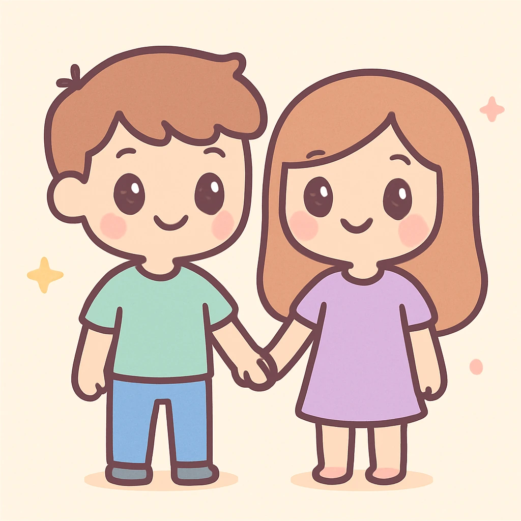 a couple holding hands and standing straight, cute cartoon style emoji