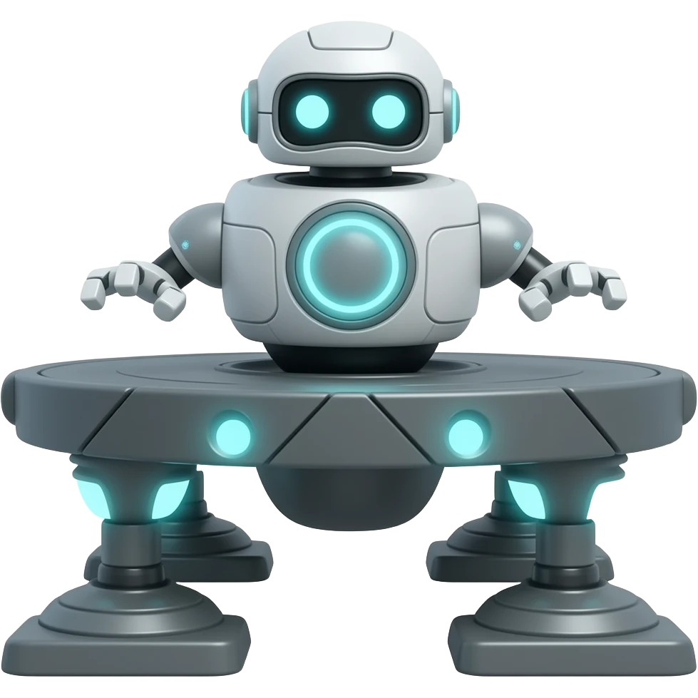 A platform with 2 legs facing forward with glowing white eyes and with no arms and also big carrying a tiny robot emoji