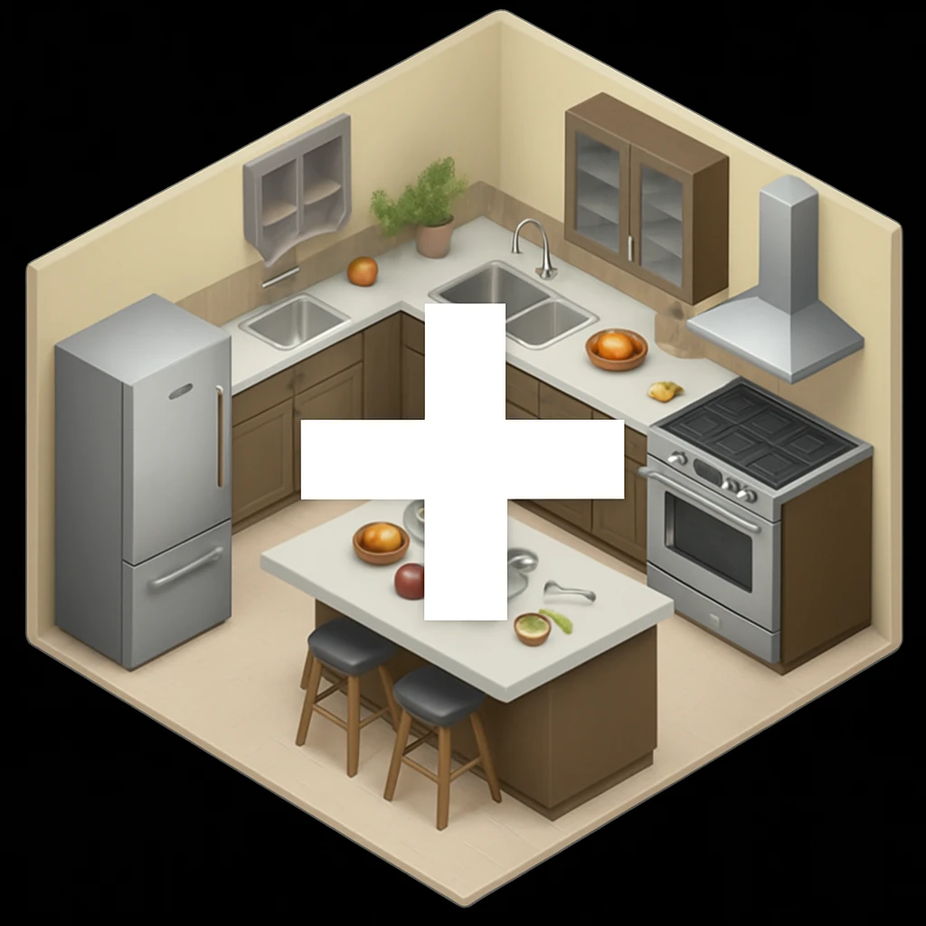 Add a prominent plus (+) symbol to the kitchen emoji in the image, ensuring it is clearly visible and does not obscure key details. Keep the overall style and perspective consistent with the original image. emoji