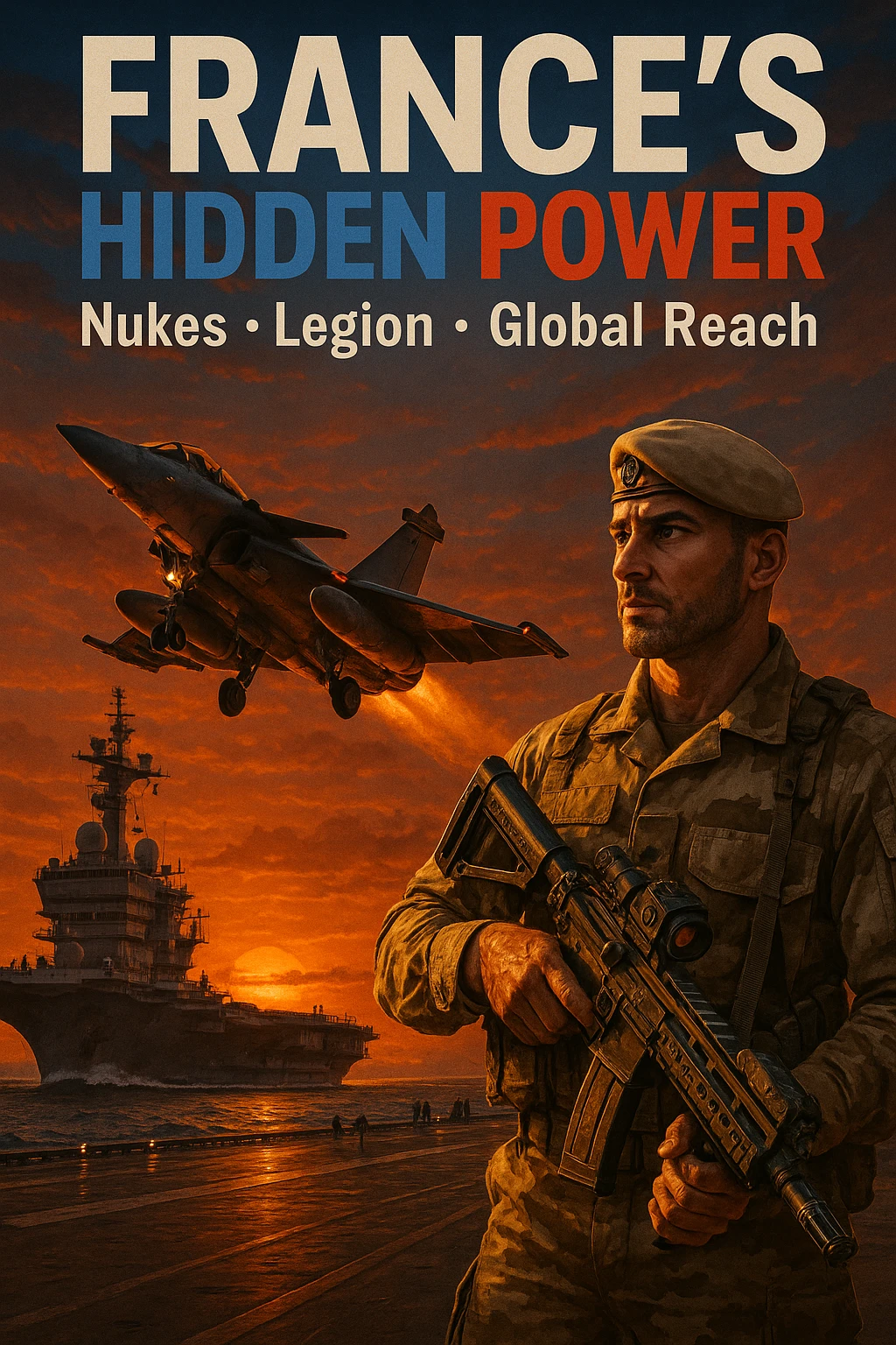 cinematic dusk scene of Rafale jet launching from Charles de Gaulle carrier with glowing orange sunset, foreground with Foreign Legionnaire in desert camouflage holding a high-tech rifle, bold tricolor headline 'FRANCE’S HIDDEN POWER', subtext 'Nukes • Legion • Global Reach', 8K, epic style emoji