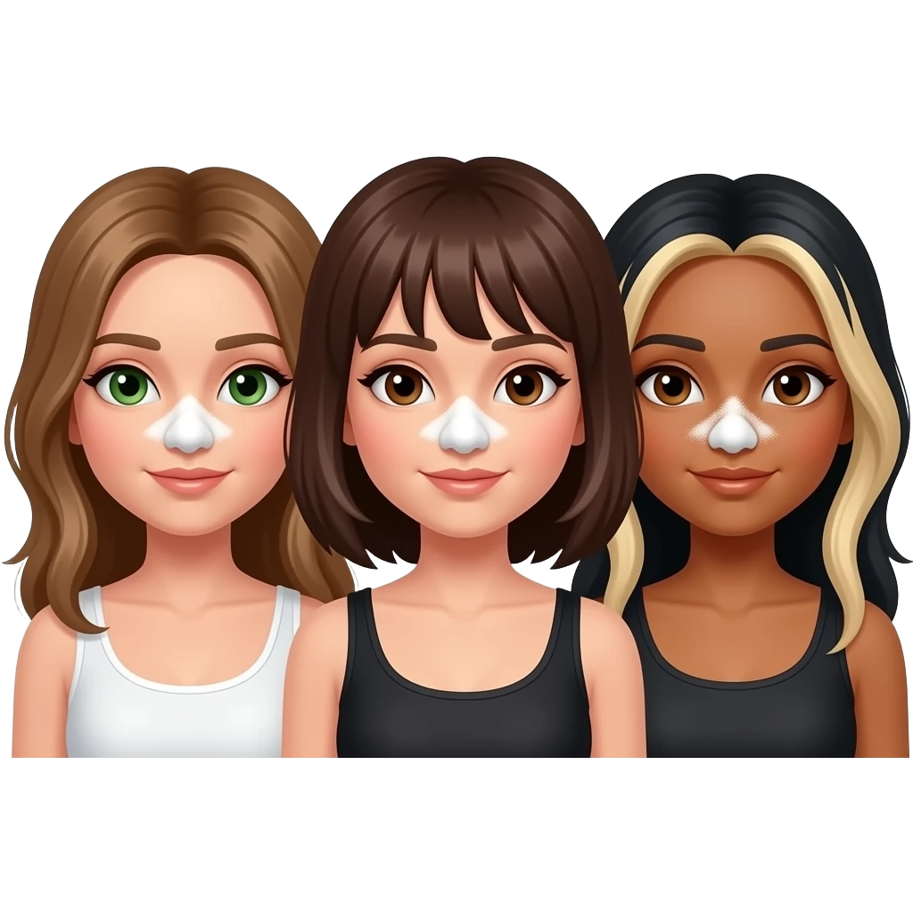 Three girls with white powder under their nose. One brownish blonde hair and green eyes with white tank top, one brunette hair, and one with brown eyes and black hair and blonde highlights in hair and brown eyes emoji