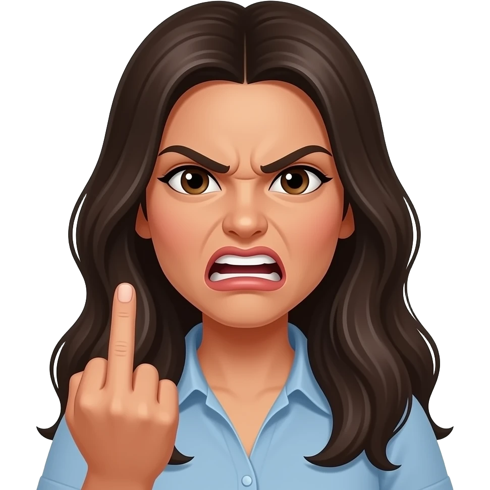 Very Angry pretty latina cussing with long hair and sticking up her middle finger emoji
