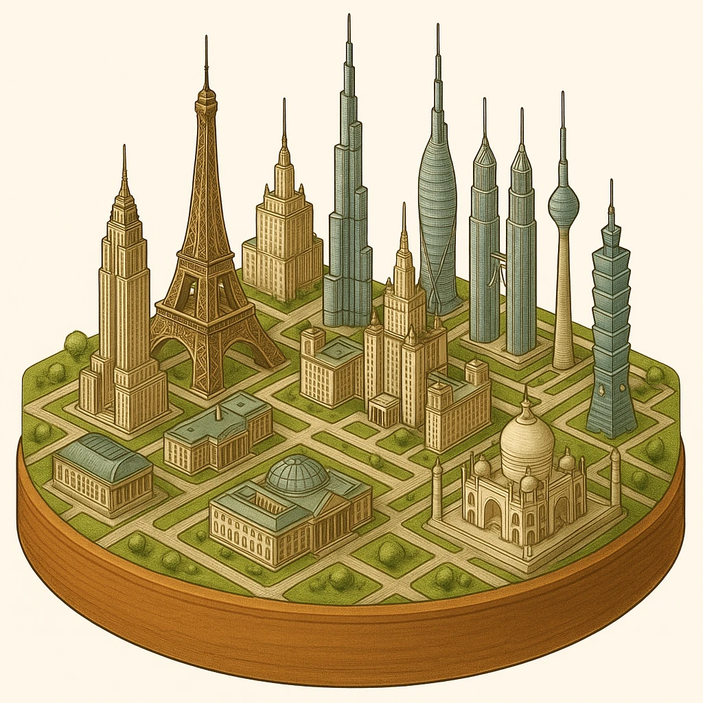 Оставь основу картинки - деревянную подставку, но при этом сгенерируй изометрическую модель города где будет самые узнаваемые здания мира Эмпайр Стейт Билдинг, Эйфелева башня, здание МГУ, Бурдж-Халифа, Башни Петронас, Небоскрёб Фостера в Лондоне, Рейхстаг, Тайбэй emoji
