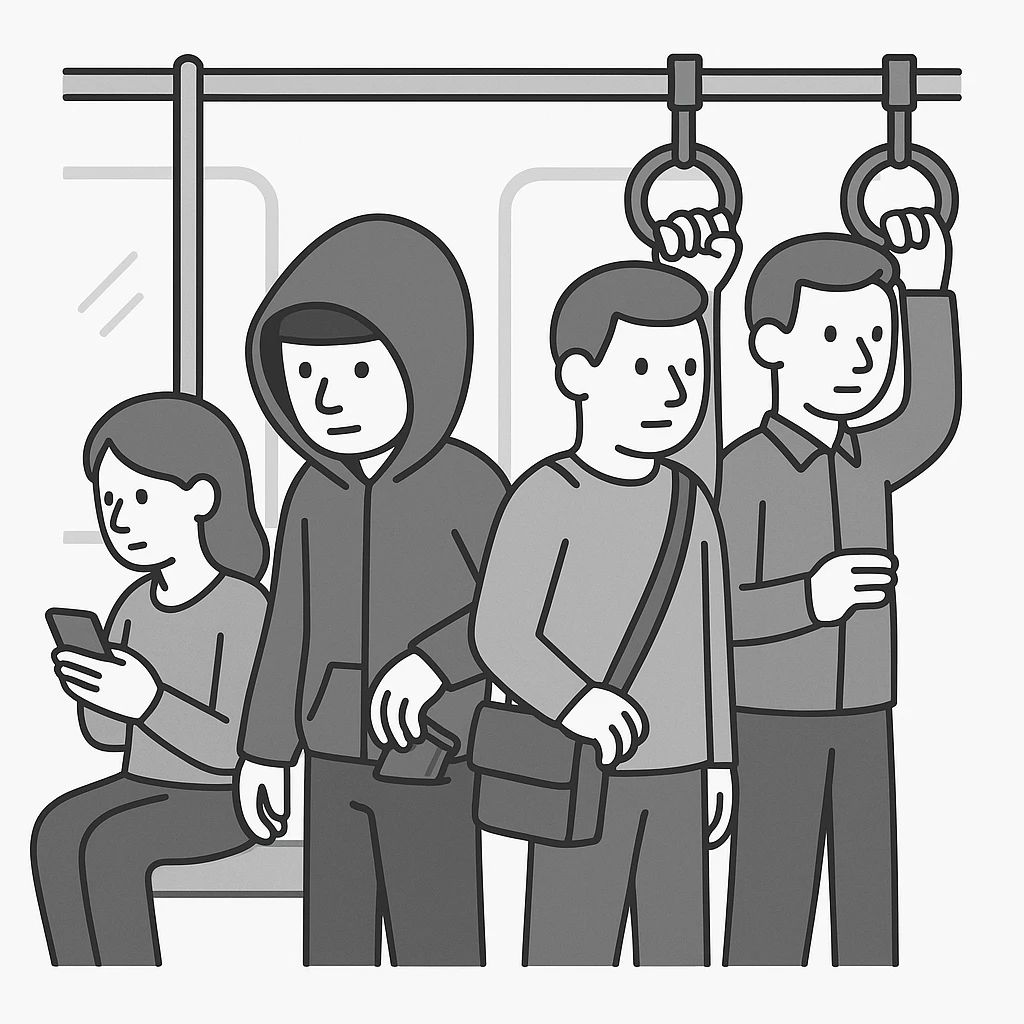 modern illustration of a pickpocket in a hoodie blending into a busy subway car, subtle action, muted tones emoji