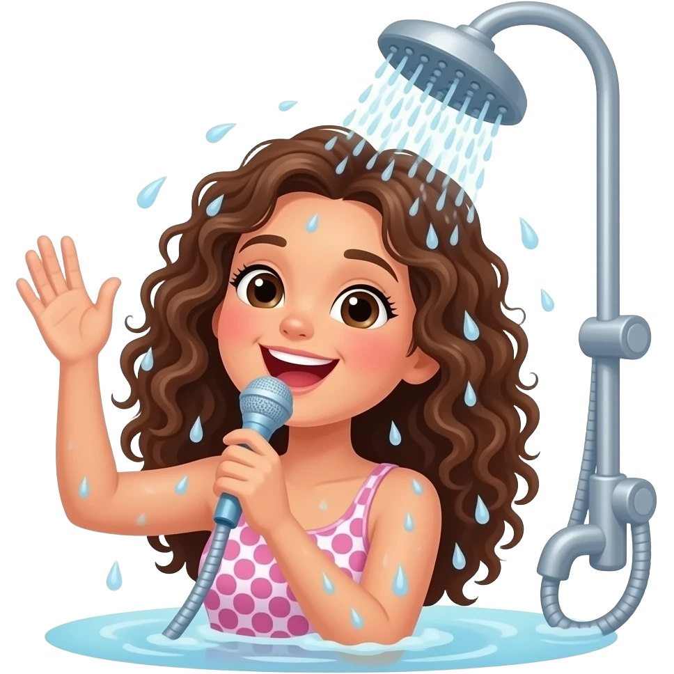 a girl with brown curly hair play and sing in the shower in bathroom emoji