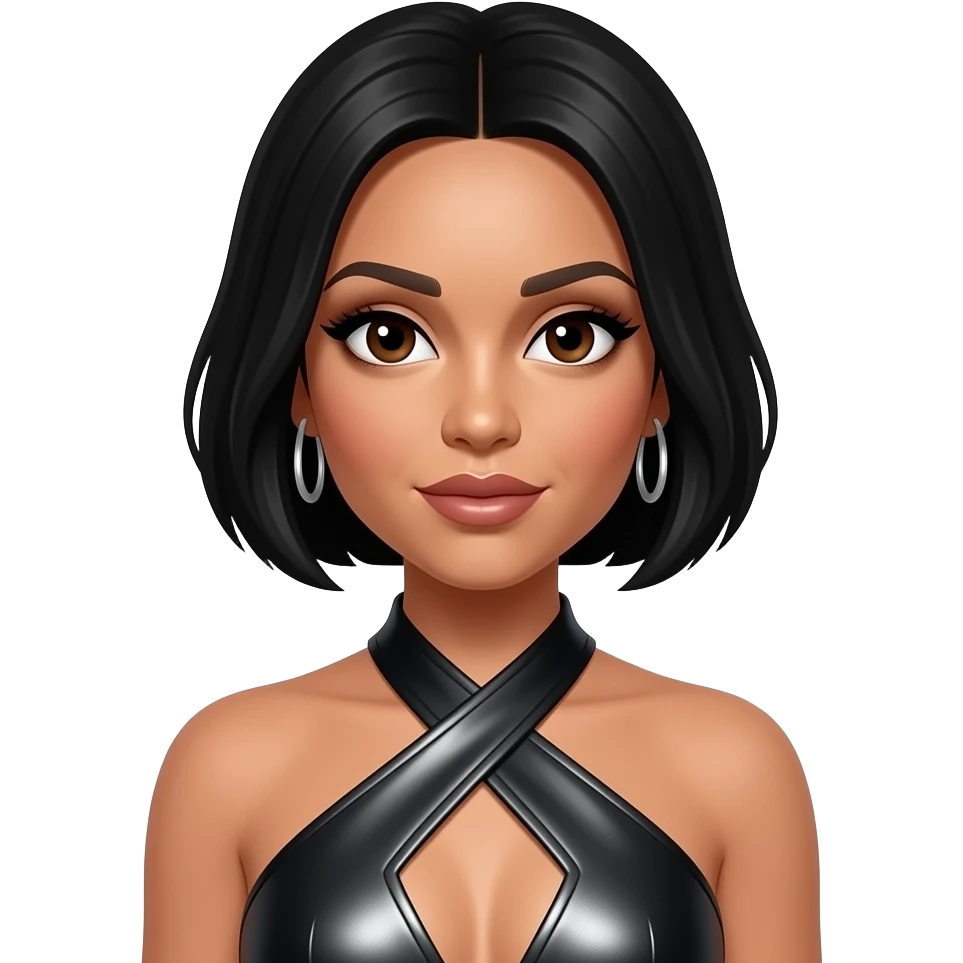Naturi Naughton from 3lw with dark brown eyes, black short hair, black metallic halter dress, silver earrings emoji