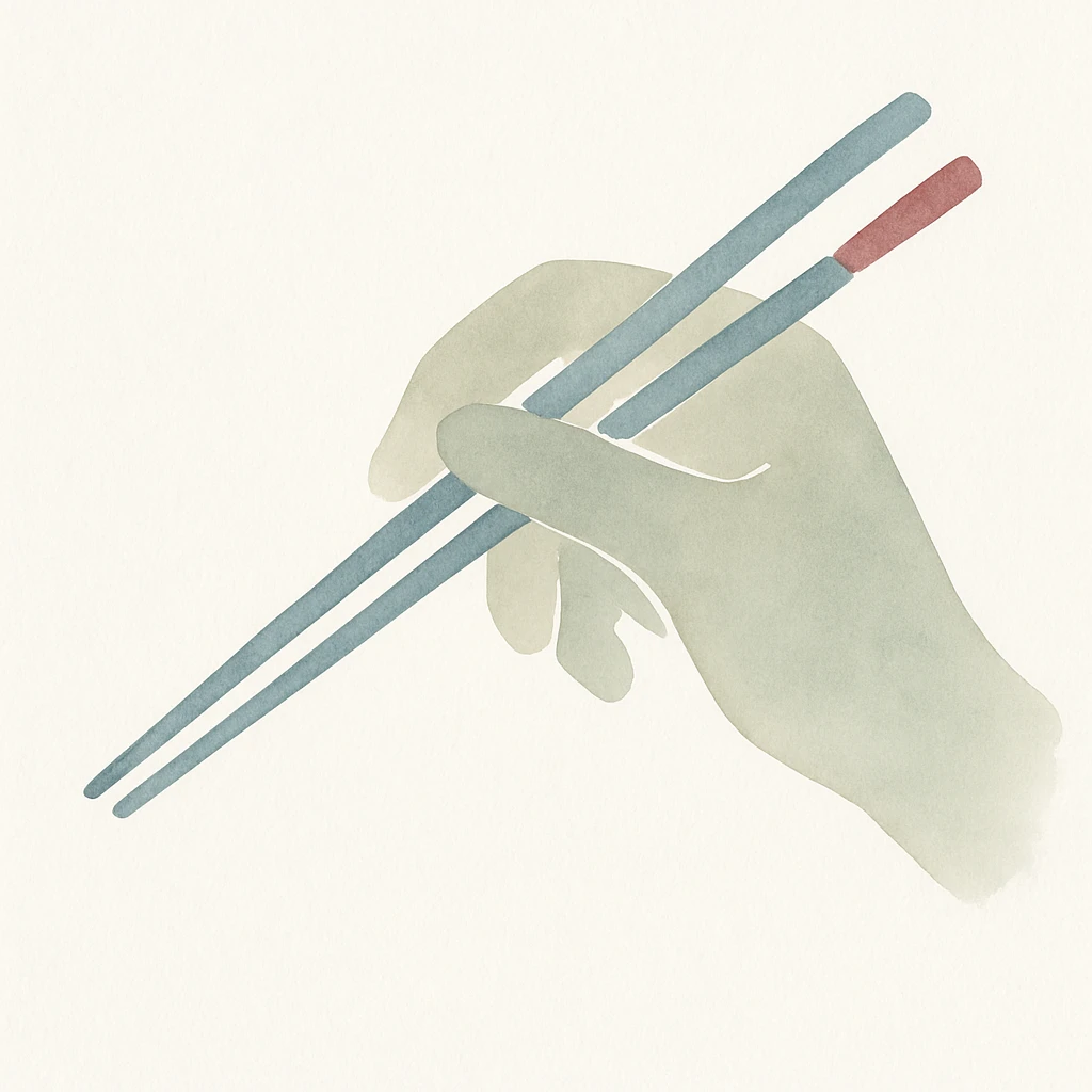 olive colored hand holding chopsticks, watercolor illustration emoji