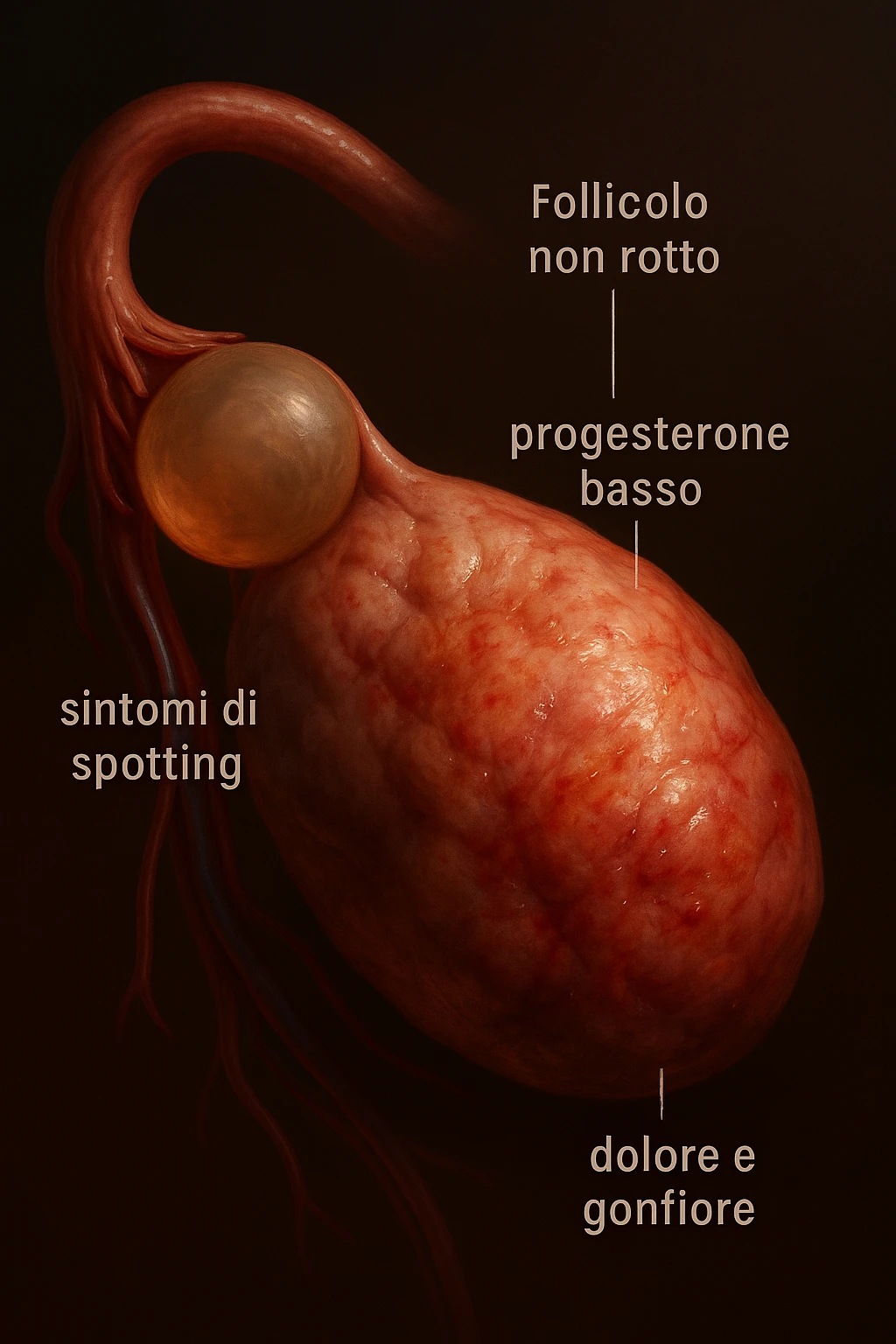 realistic and cinematic illustration of an ovary with an unruptured follicle, low progesterone, hormonal fluctuations, symptoms of spotting, pain and swelling, clinical details, captions in Italian emoji