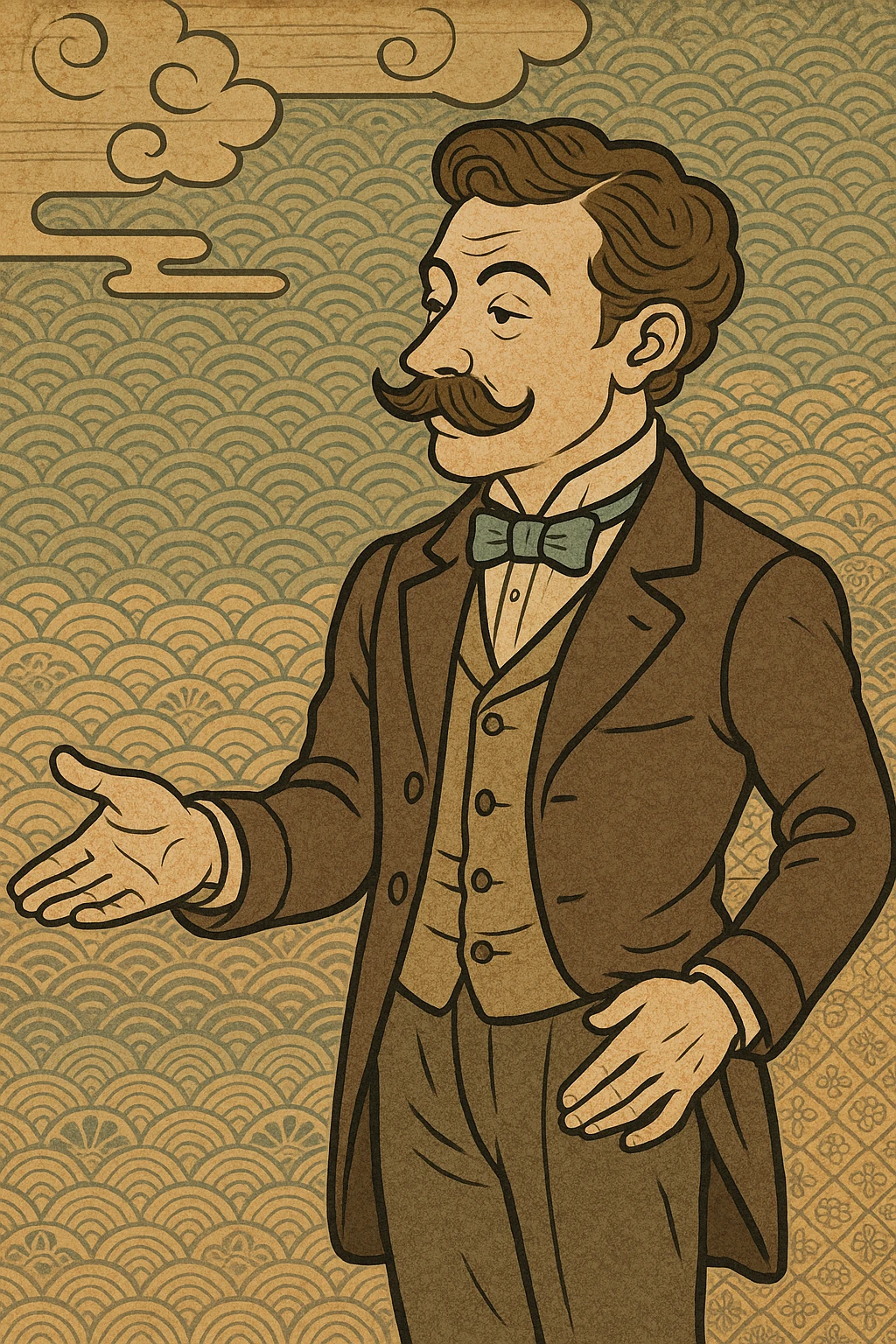 Victorian man with a mustache, holding out his hand, ukiyo-e style emoji