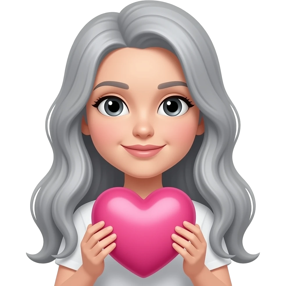 gray long hair lady -with black eyes, -holding a big pink heart emoji