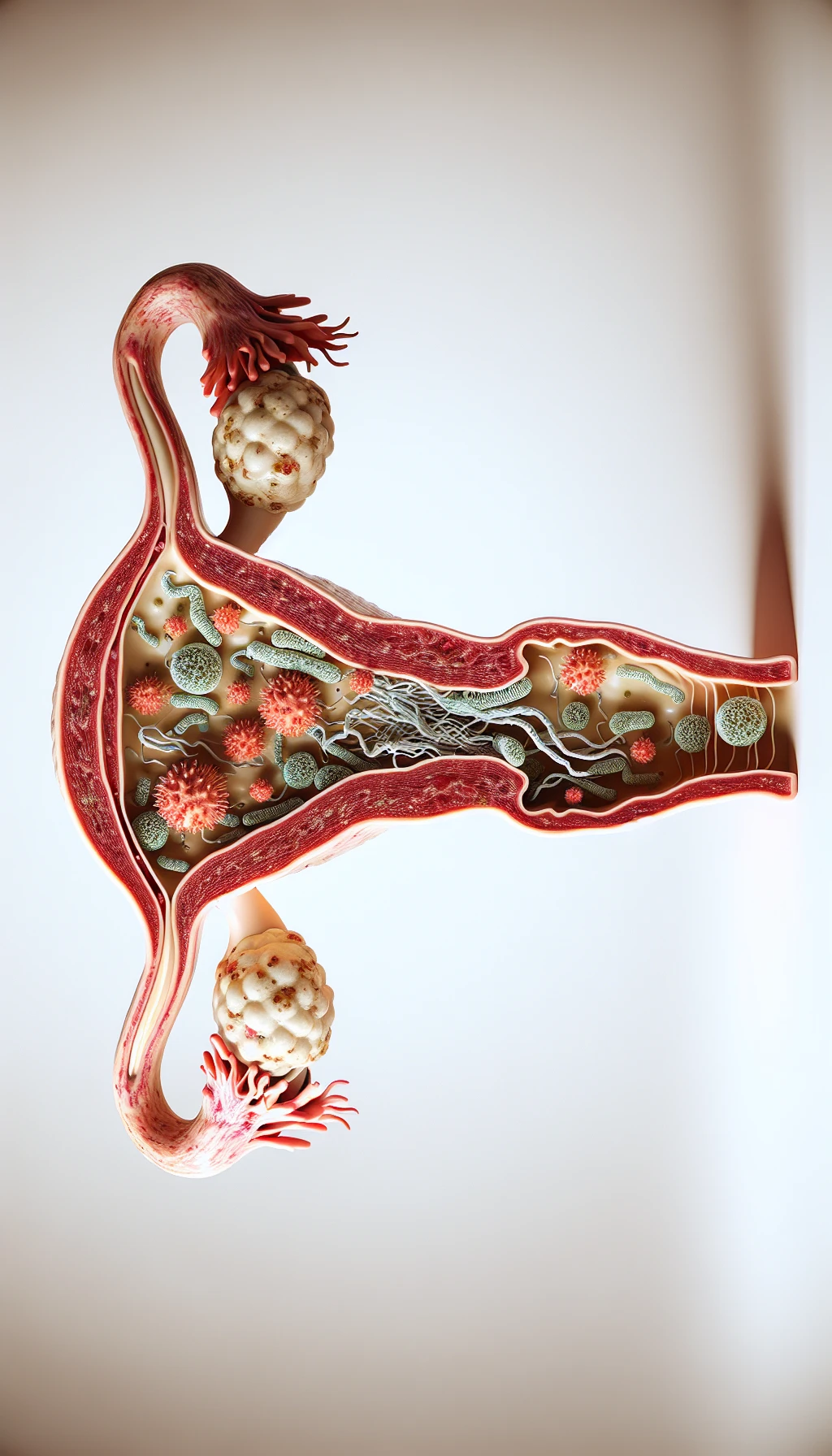 corpo umano anatomico con batteri come la candida nell'utero, sfondo neutro chiaro, iperrealistico 4k emoji