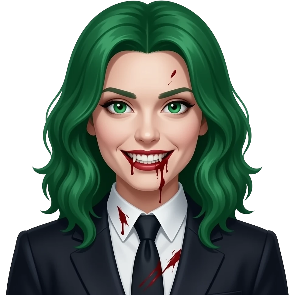 green hair women Vampire suit and blooded teeth emoji
