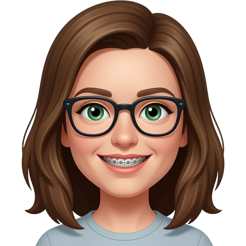 Julie with green eyes and ONE large freckle on forhead over LEFT eyebrowwith glasses with braces and buck teeth emoji