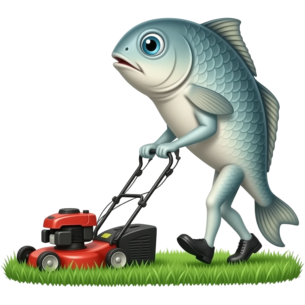 a fish mowing the lawn with a lawn mower emoji