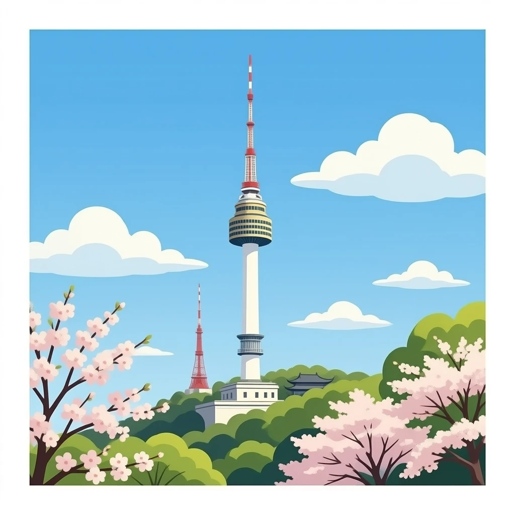 Namsan Tower in Seoul, clear blue sky, soft white clouds, warm sunlight, aesthetic spring mood, cinematic photography emoji