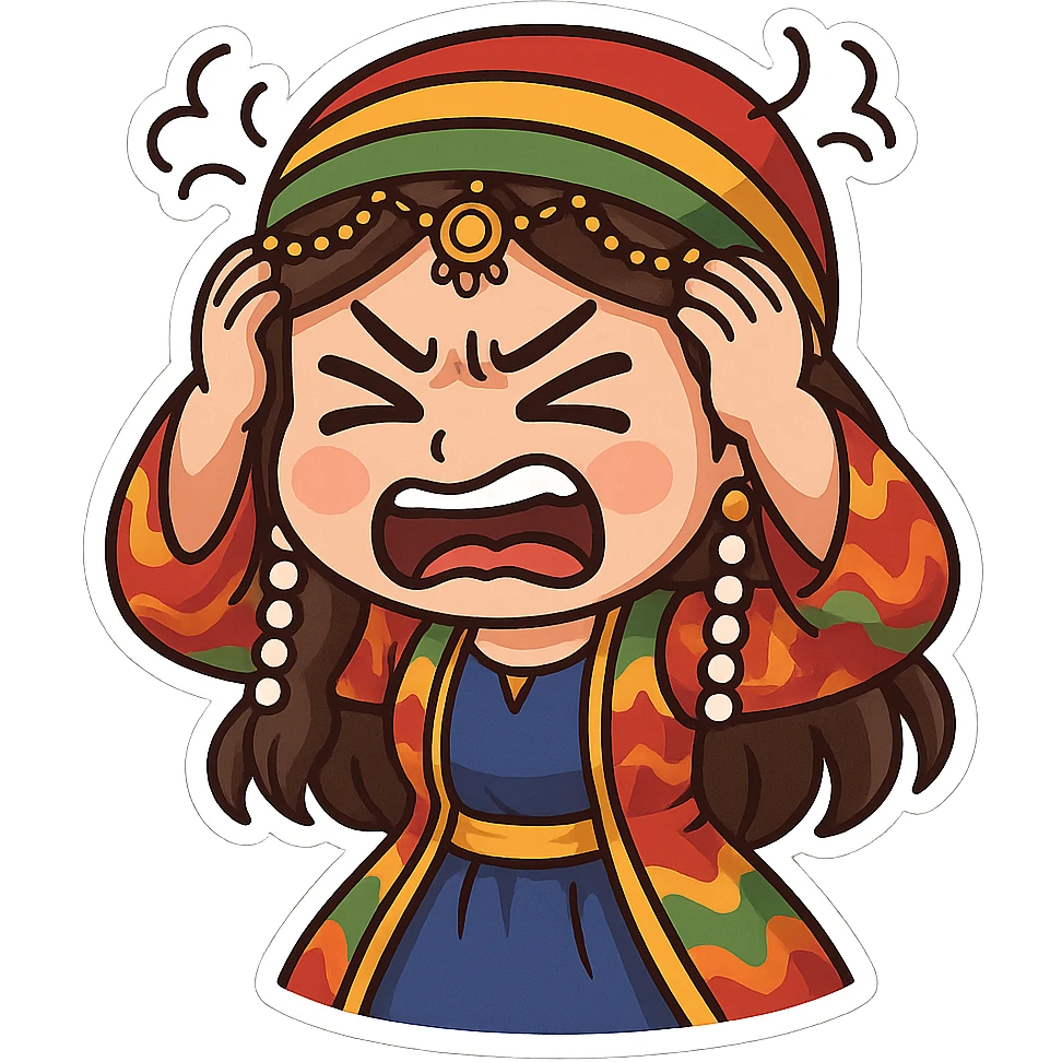 Cartoon sticker of a Kurdish woman wearing traditional colorful and cheerful Kurdish female clothing, face showing anger and rage, both hands on the head as a sign of severe distress or anger, no shadow or color halo around the image, no text, suitable for WhatsApp and Instagram, with a completely transparent background. emoji