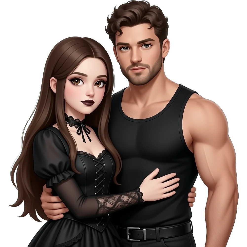 realistic pretty pale skin long straight brown hair girl brown eyes long face wearing gothic dress and gothic makeup HD and her muscular man short brown curly hair and beard hugging emoji