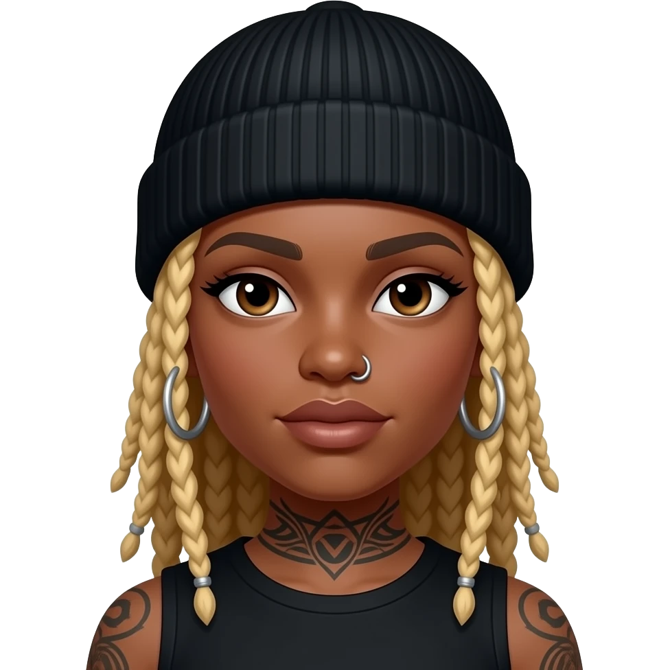 Black girl with blonde locs, hoop earrings, nose piercing, tattoos and black fitted hat emoji
