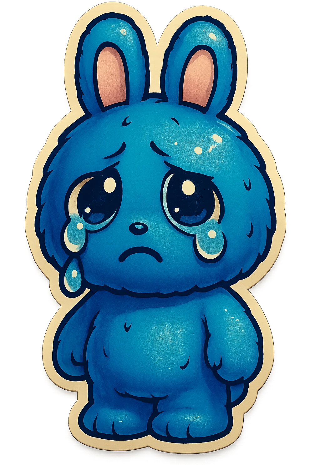 Change the blue bunny character's face to a sad, teary-eyed expression, keeping the style and quality the same. emoji