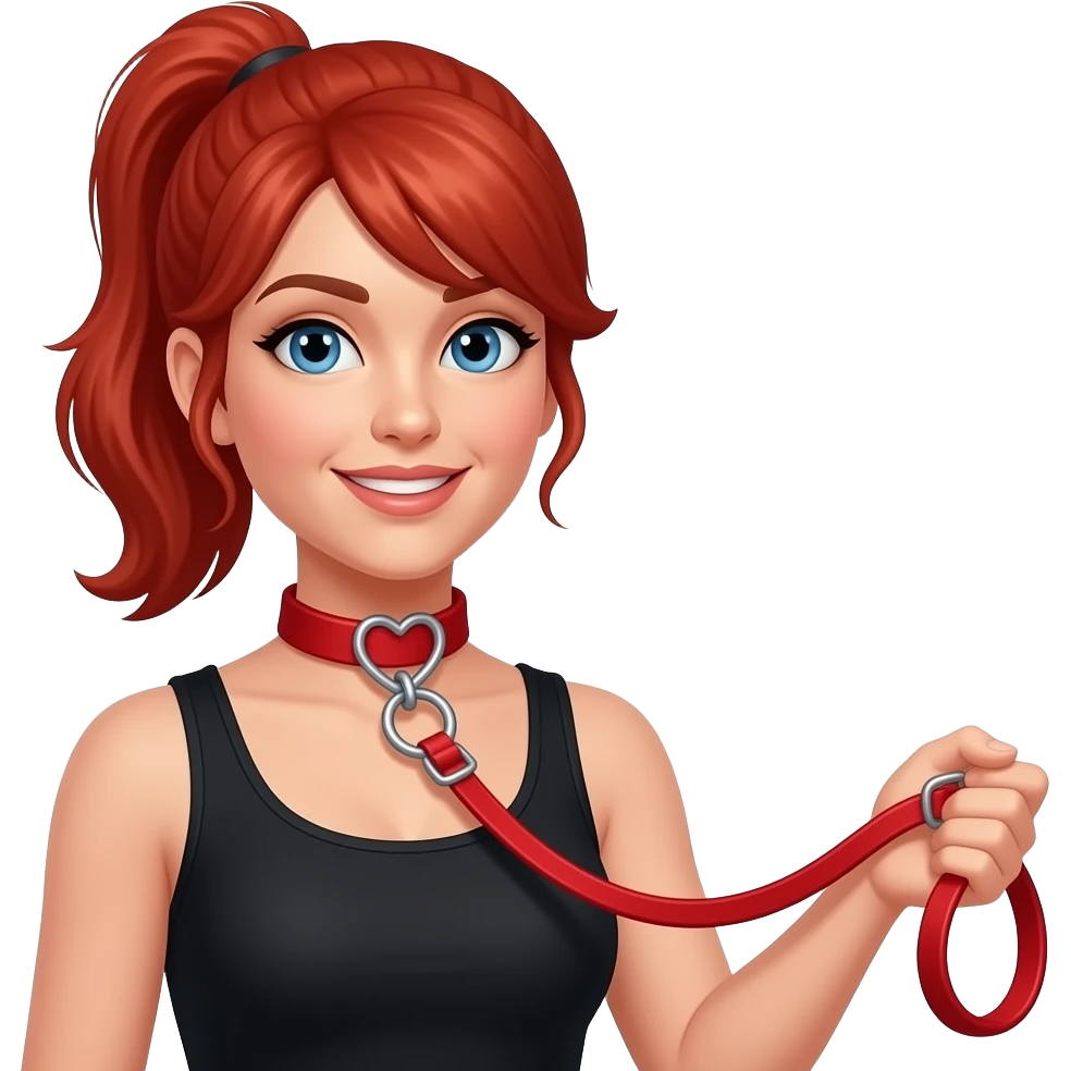 red hair in ponytail blue eyed woman in her 30's in red collar and leash, black tank top, leash being held with the end of the leash out of frame heart shaped "o" ring in centre front of collar emoji