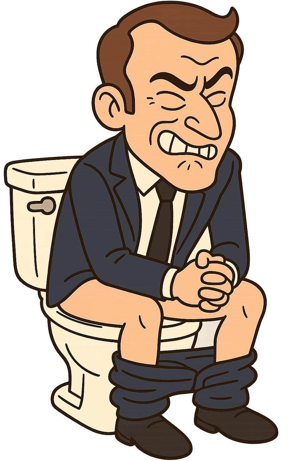 cartoon character of Emmanuel Macron sitting on a toilet, making a funny face, humorous and lighthearted style, no explicit details, suitable for all audiences emoji