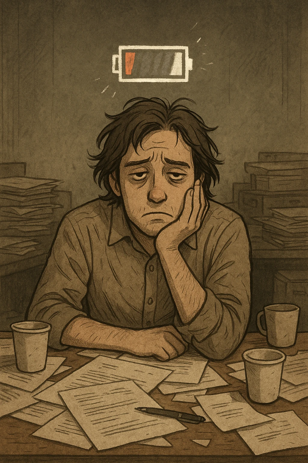 A tired person with a drained expression, a flickering battery icon above their head, and a messy workspace, representing burnout. emoji