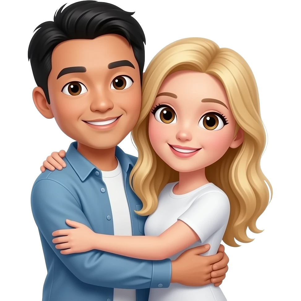 asian men and white woman with blond hair brown eye hug emoji
