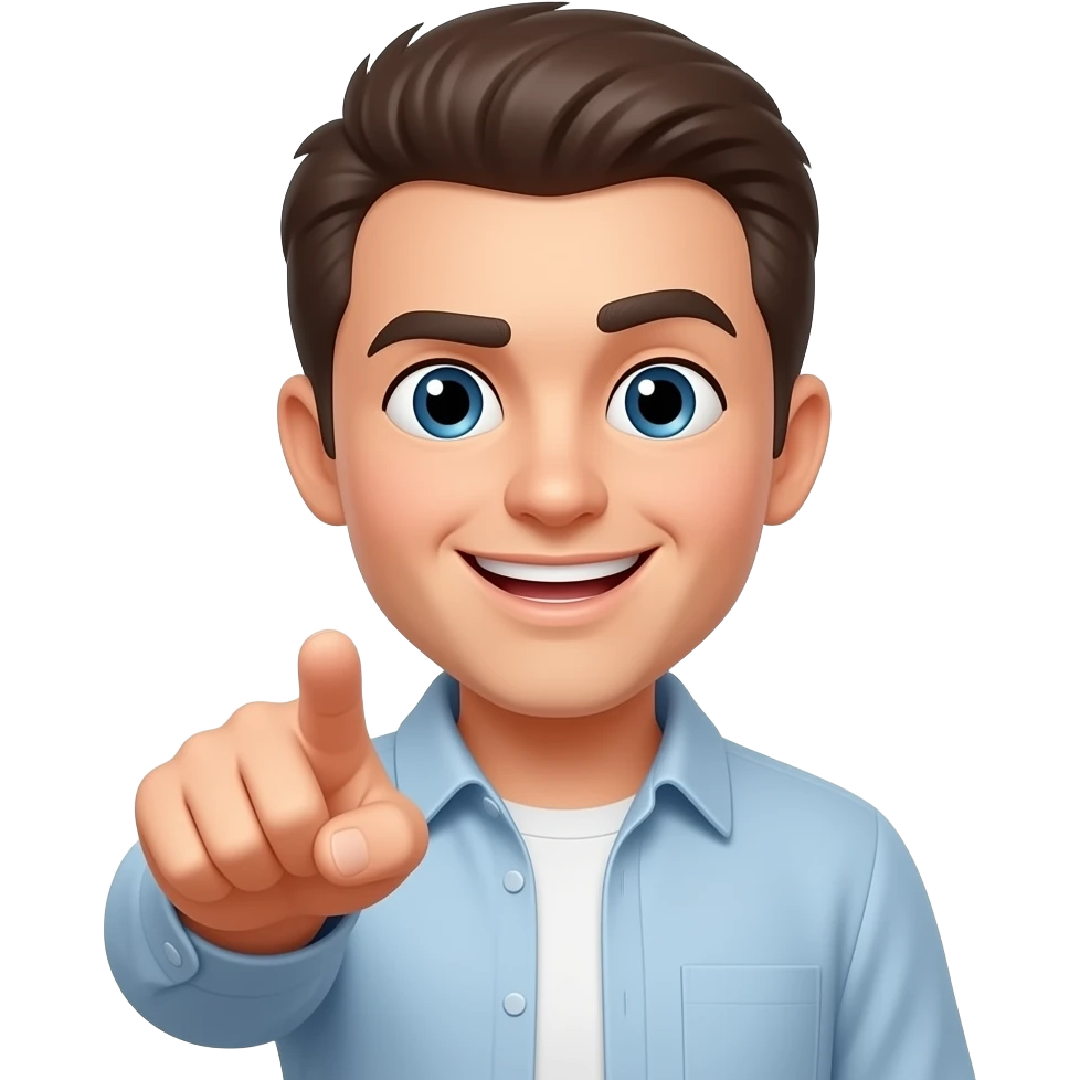 One brow up with a grin and his fingers is pointing towards me emoji