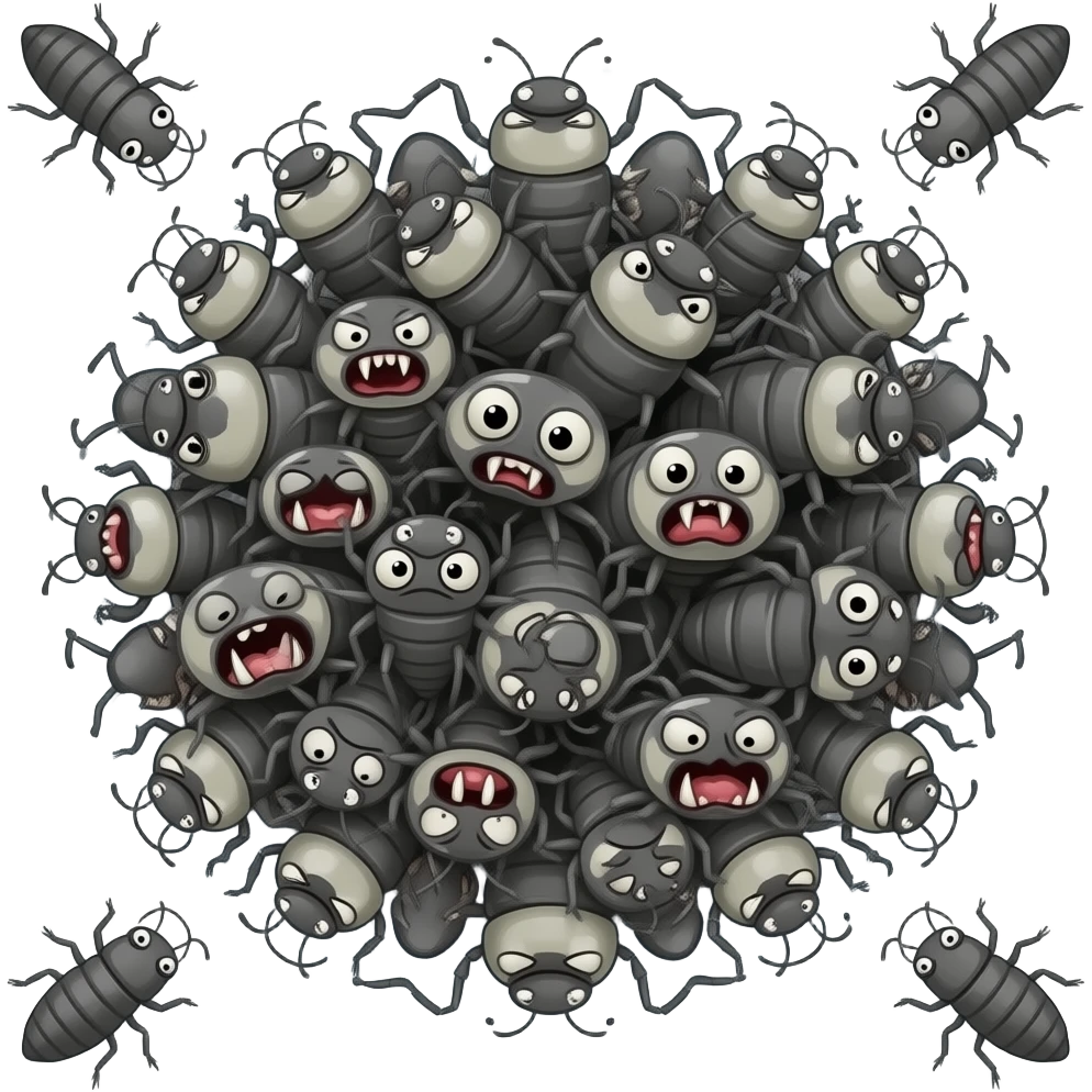 bugs emoji just bugs everywhere all corners  emoji shades of grey black white emoji piles of grey bugs black bugs grey bugs white bugs teeth large teeth large fangs large eyes inflated eyes pain sorrow bugs writhing bugs scared bugs piles and piles dead bugs pain millions of legs trypophobia emoji
