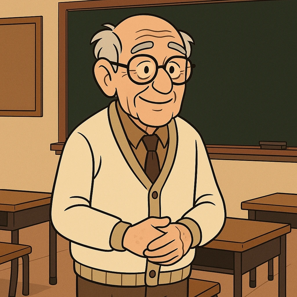 an old teacher, around 80 years old, wise and gentle, with glasses and gray hair, in a classroom, cartoon style emoji