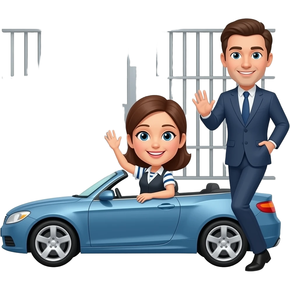 Wife IN convertible CAR (sideways), HUSBAND waves goodby begins walking toward Prison in background emoji