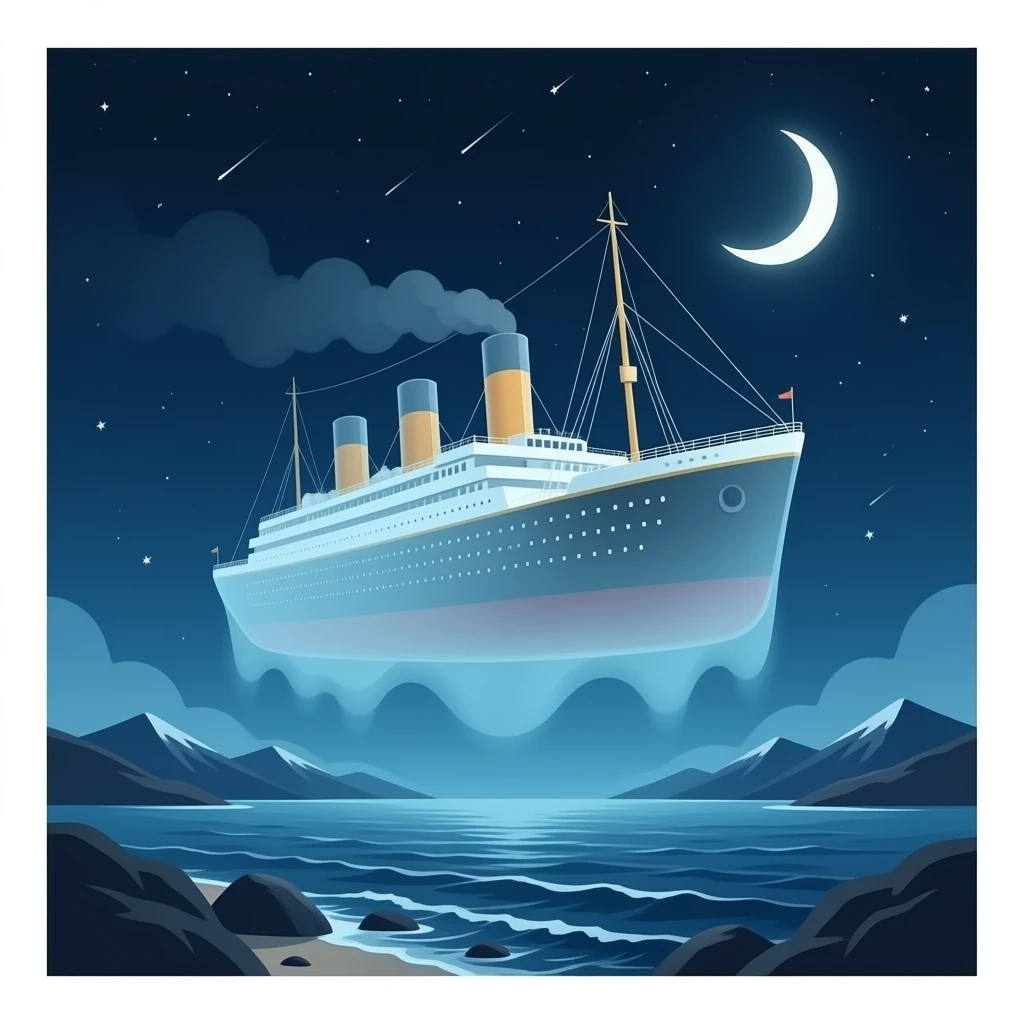 The ghostly ship Titanic floats in the night sky above the sea emoji