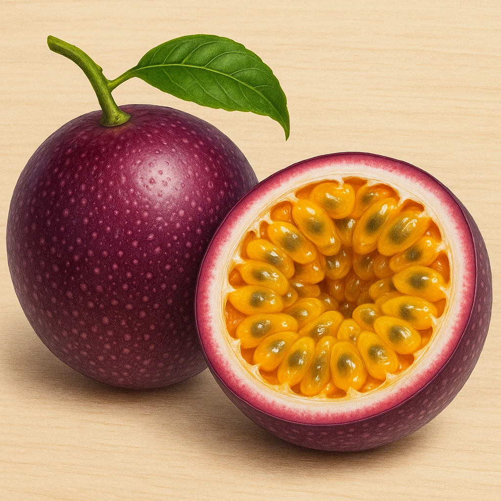 a passionfruit, whole and cut open, in a vibrant, realistic style emoji