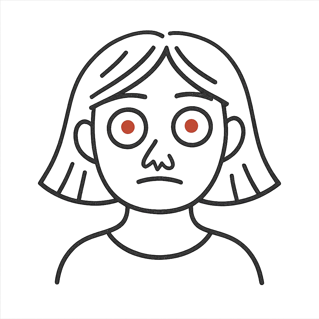woman with white powder under her nose, wide red eyes, minimalistic, no background emoji