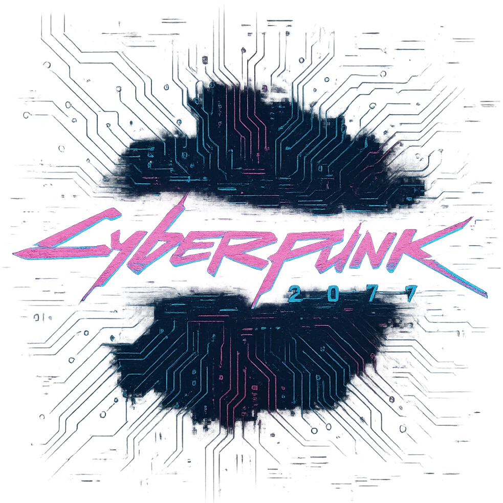 cyberpunk 2077 themed logo, neon pink and blue, glitch effect, futuristic font, tech elements emoji