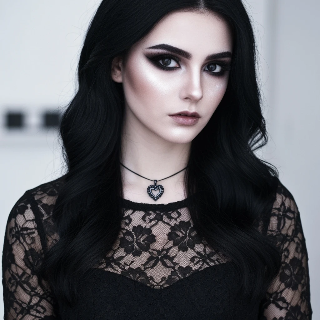 goth profile picture with a heart accent, cute, expressive, minimal, variation 2 emoji