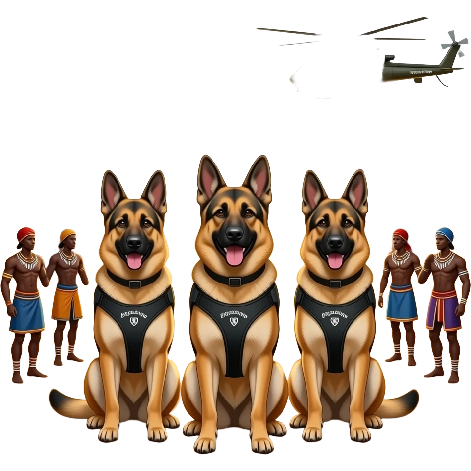 3 k9 german sheppards surrounding african savanna plains sunset boabab backed by traditional dancers rythm sunset helicopter anti poaching emoji