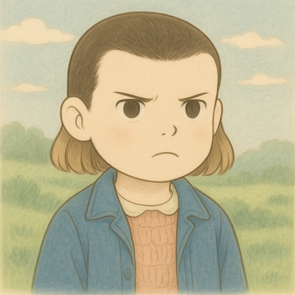 Eleven from Stranger Things with a serious expression, simple and delicate line art as in the reference drawing, colored in pastel tones, in Ghibli style, square 1:1 format. emoji