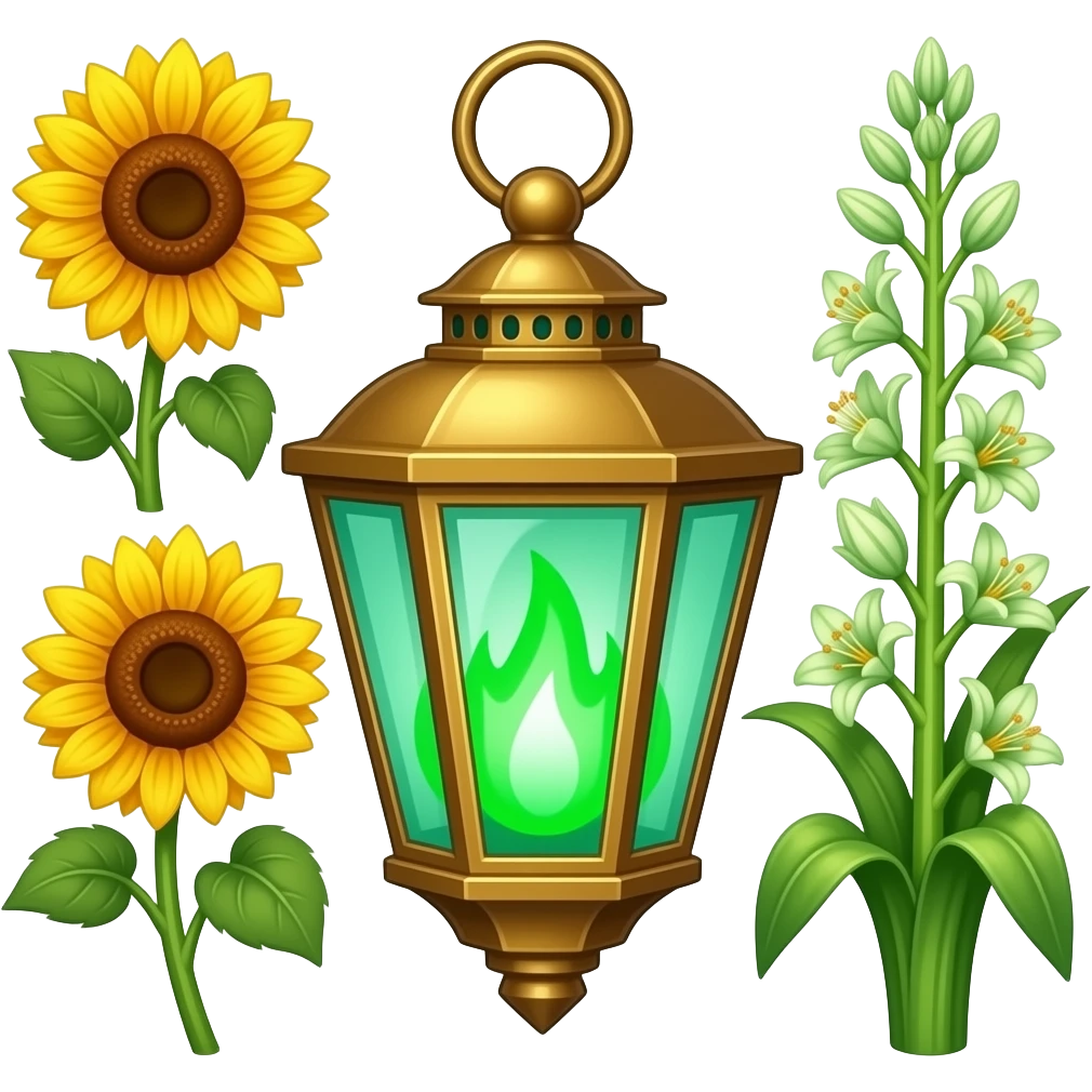 A golden hanging lantern with a bright emerald flames, an empty loop on top, fae themed sunflowers on the left and fully bloomed asphodels on the right as part of the design, but simple focus more on the green flames, paint the glass more green, have its bottom point come to some sort of point emoji