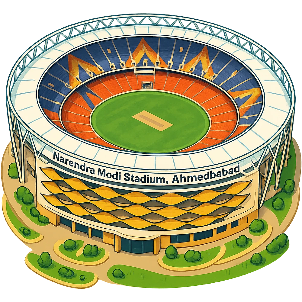 Изометричная, яркая, детализированная иллюстрация стадиона Narendra Modi Stadium в стиле 3D-коллажей городов, насыщенные цвета, аккуратные линии, мультяшно-реалистичная стилистика. Чёткие контуры, прозрачный фон, высокое качество. emoji