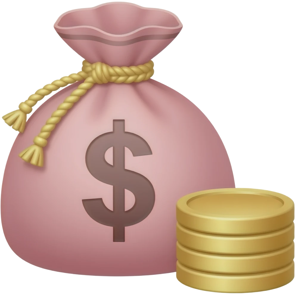 elegant pink money bag with no sign and 3 coins on top of each other beside the bag emoji