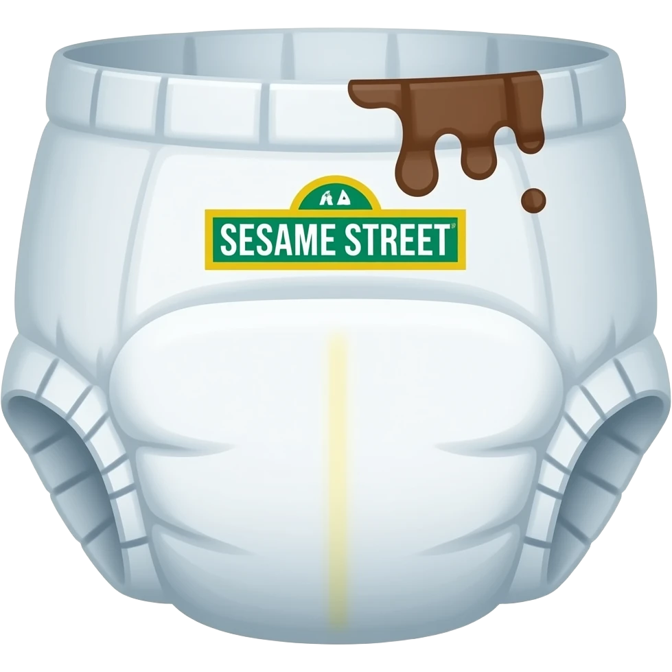 a cute sesame street designed adult diaper stained brown at the back with stink lines at the top emoji